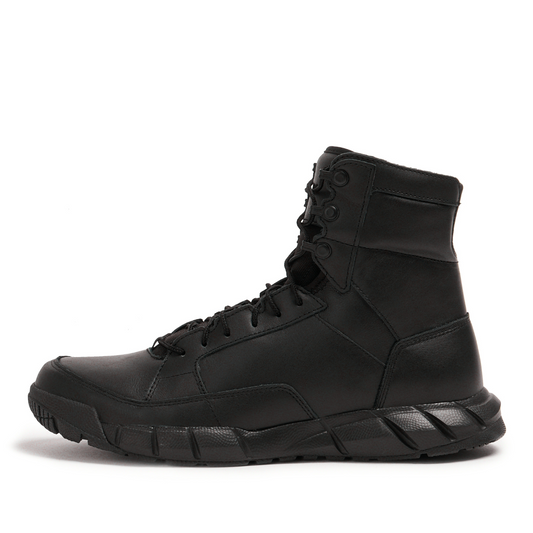 Black high-top tactical boots on a white background